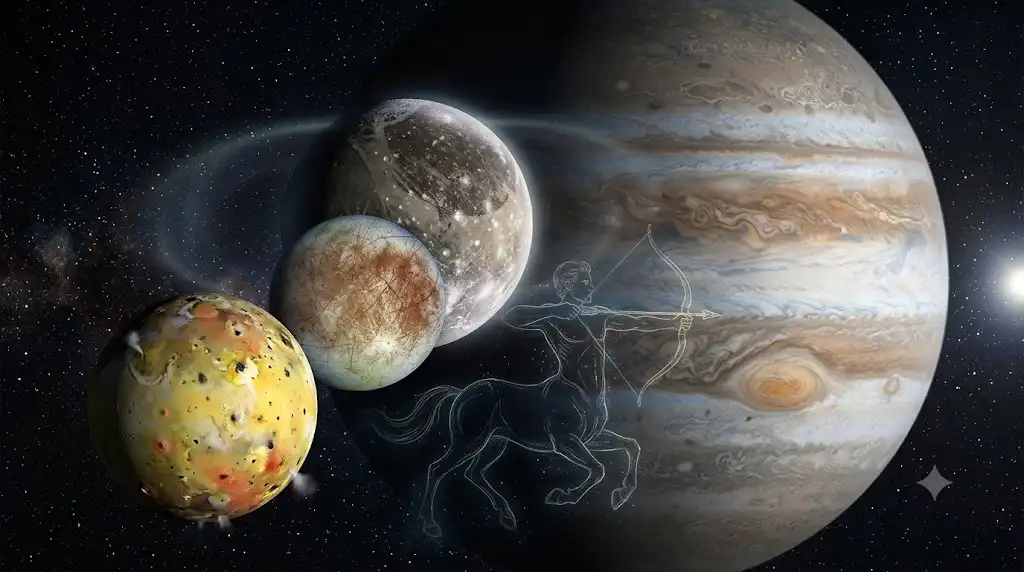 木星の3つの衛星が軌道共鳴する様子と、背後に浮かぶ射手座の幻想的な線画