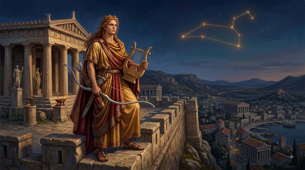 静かに佇むアポロンと、夜空に淡く光る獅子座を描いた幻想的な古代神話のイラスト
