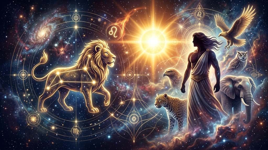 獅子座の性格の総合設計図を示す太陽とライオン星座の幻想的な挿絵