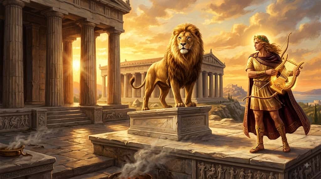 誇り高きネメアの獅子と太陽神アポロンの姿を描いた古代ギリシャ神話の挿絵
