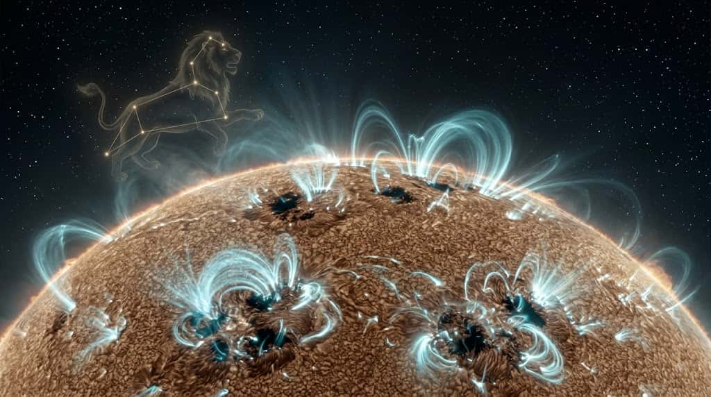黒点が赤道へと移動し太陽活動が活発化する上昇期と獅子座の星々を描いた科学的宇宙画像