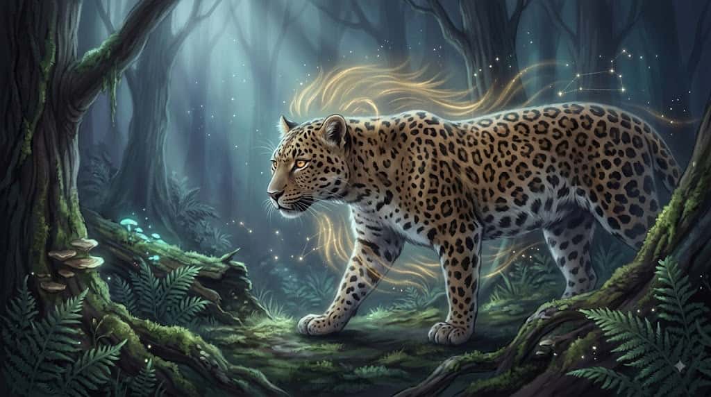 静かな森の中を気配を消して進む豹の姿と獅子座の光を描いた神秘的な生き物画像