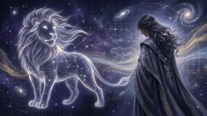 獅子座の太陽下降期と静かな威厳をテーマに描いた幻想的なアイキャッチ画像