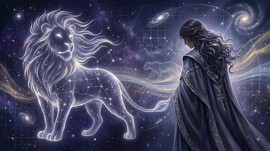 獅子座の太陽下降期と静かな威厳をテーマに描いた幻想的なアイキャッチ画像
