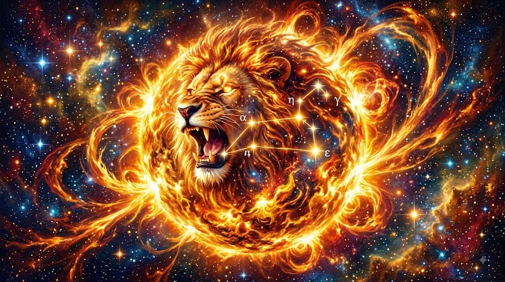 太陽活動の極大期に猛烈に燃え盛る獅子座の星座図を描いた幻想的なアイキャッチ画像