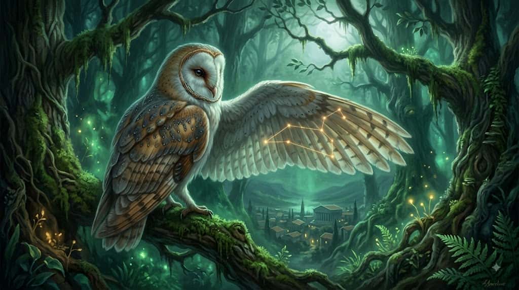 獅子座の光を羽に宿し月夜の森で静かに佇むフクロウを描いた幻想イラスト
