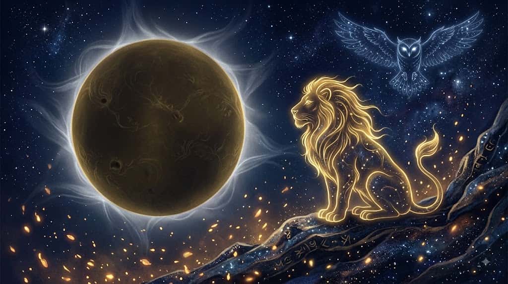 太陽の静穏期と獅子、フクロウの要素を幻想的に描いたアイキャッチ画像