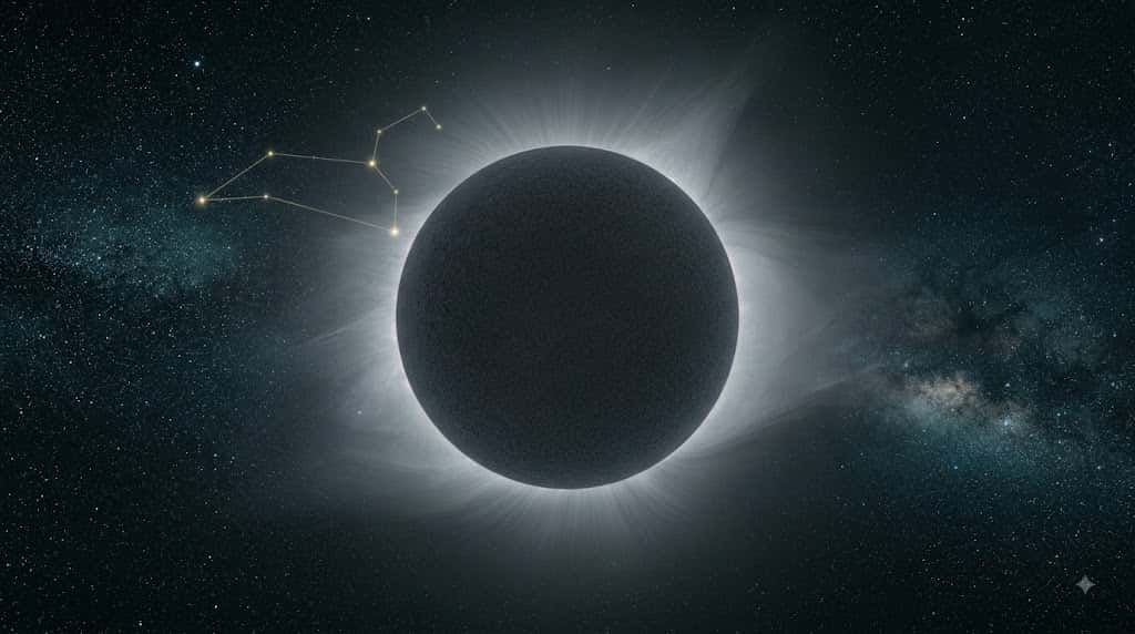 極小期の静かな太陽表面と獅子座の光線を描いた科学的宇宙画像