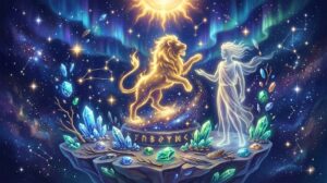獅子座の好きなタイプを表現した輝く金色の獅子と宇宙の幻想的なイラスト