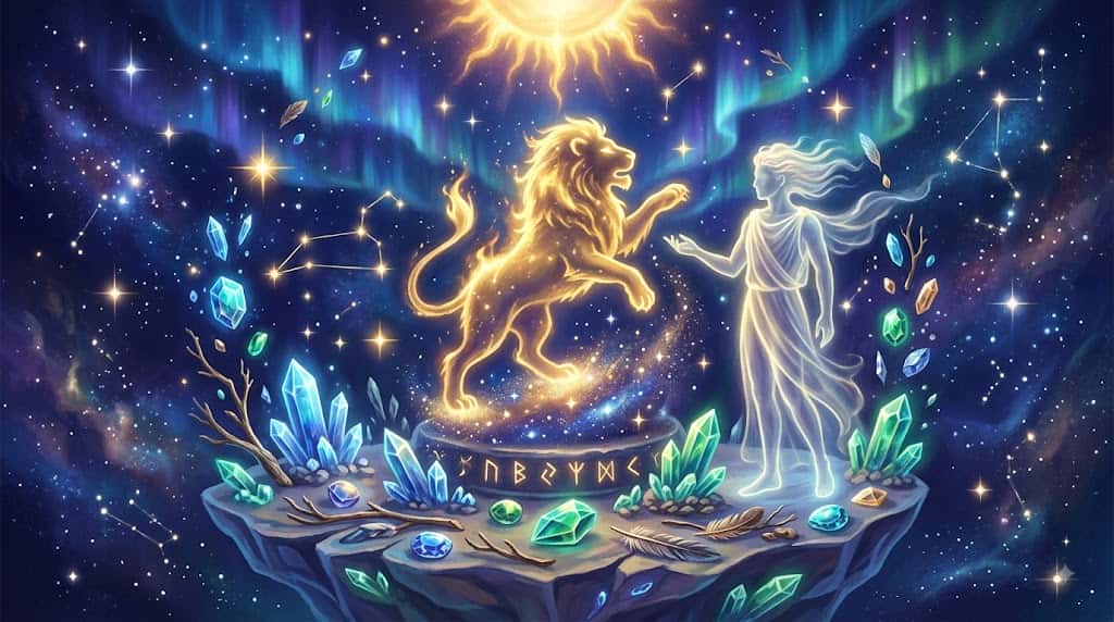 獅子座の好きなタイプを表現した輝く金色の獅子と宇宙の幻想的なイラスト