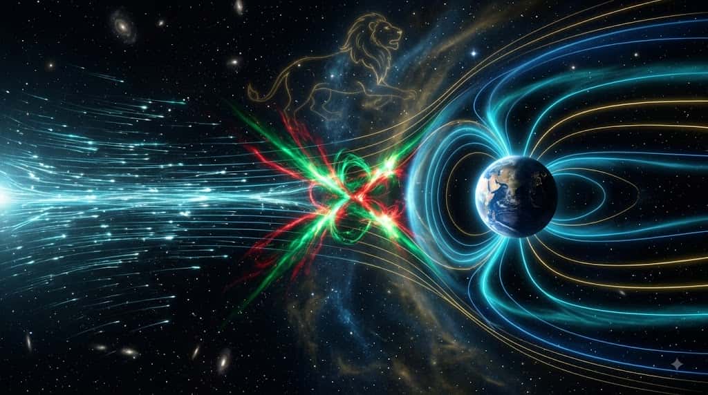 太陽風と地球磁場が引き起こす磁気リコネクションの様子を描いた宇宙写真風画像