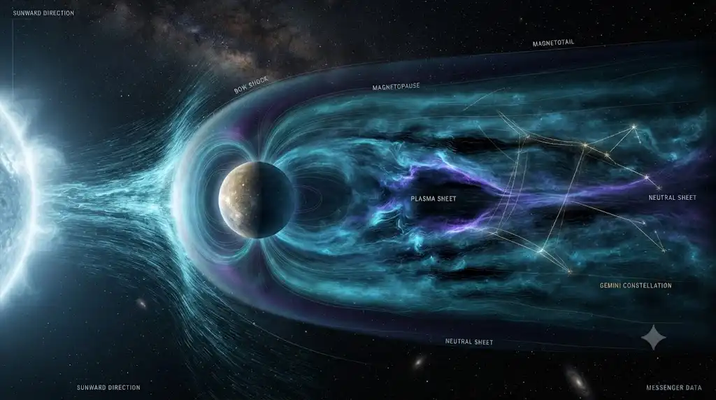 太陽風を受け変形する水星の非対称な磁気圏と双子座のシンボルを描いた宇宙画像