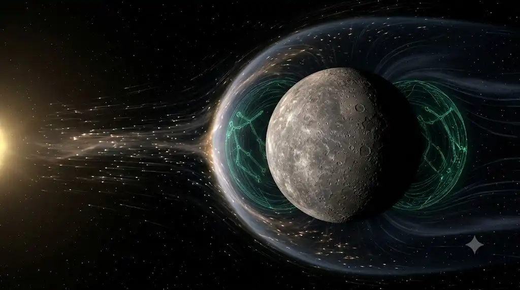 太陽風を防ぐ水星の固有磁場と、微かに浮かぶ双子座のシルエット