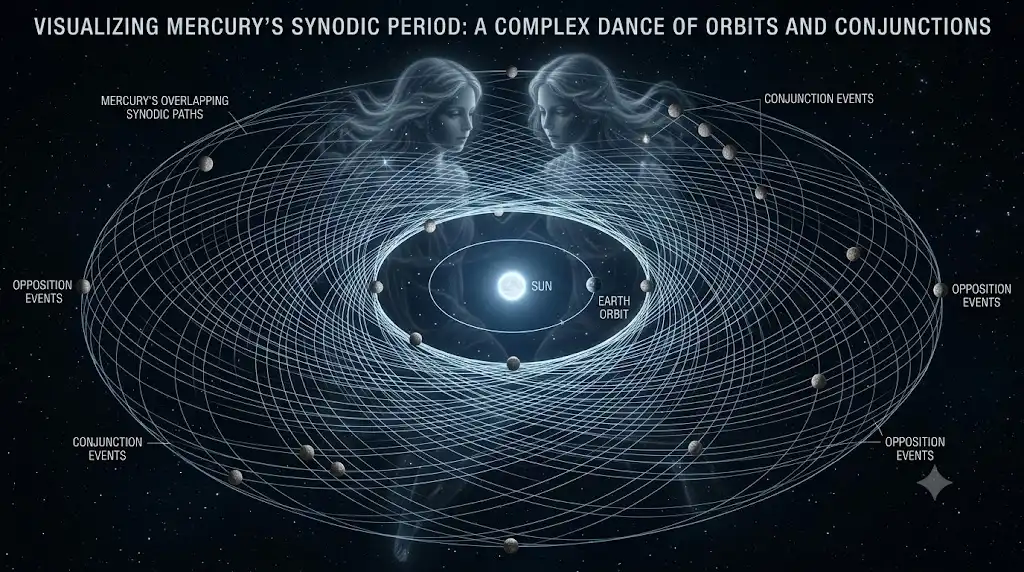 頻繁に接近と離脱を繰り返す水星の会合周期を科学的に描いた宇宙画像