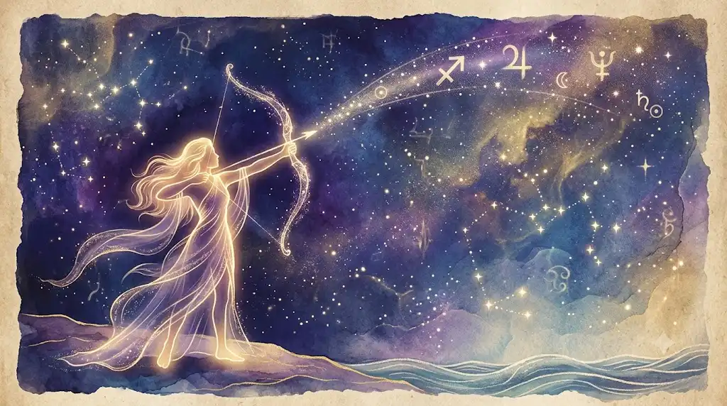 射手座の矢と回帰する彗星を描いた幻想的なアイキャッチ画像