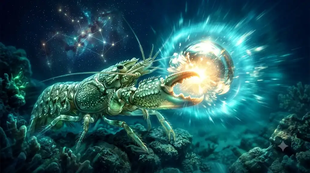 一瞬のハサミの開閉で水中衝撃波を放つテッポウエビの幻想的な近接イラスト