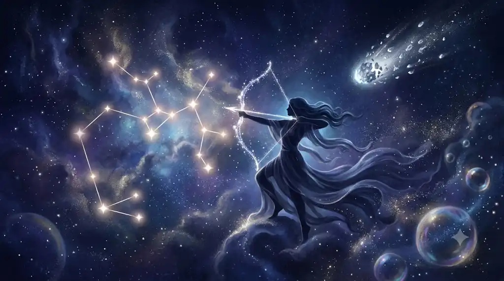 射手座の弓引くシルエットと崩壊する彗星を描いた幻想的なアイキャッチ画像