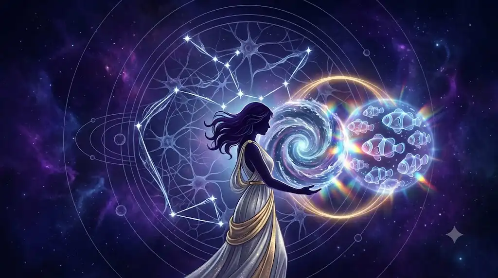 射手座の星座図、天体の軌道、そして生き物が共鳴する幻想的なアイキャッチ画像