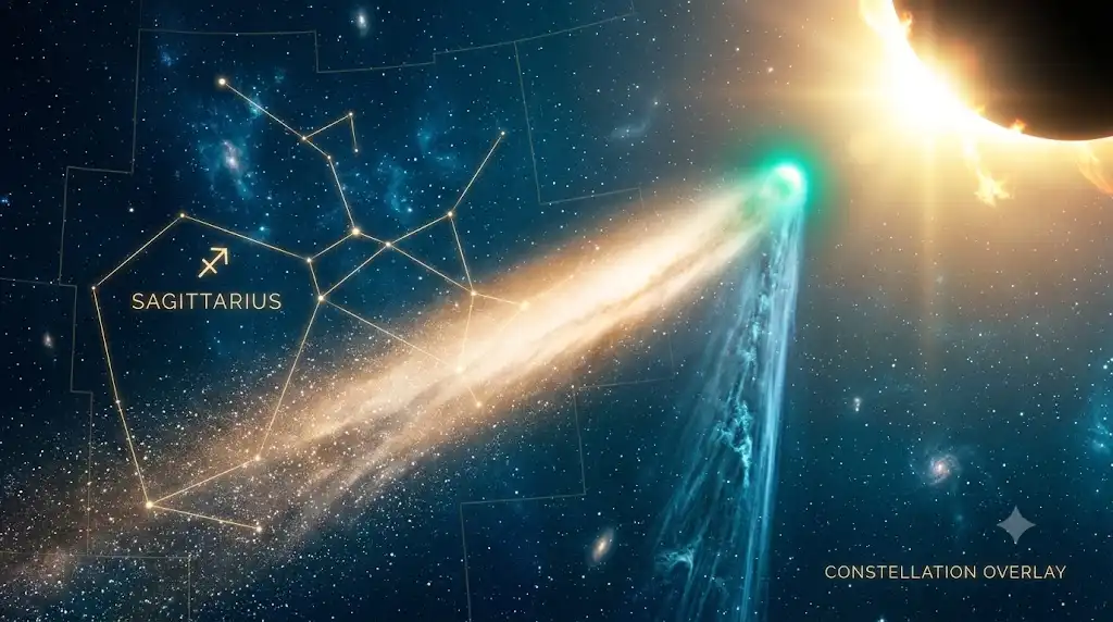 約3.3年の最短周期で太陽を回帰するエンケ彗星と射手座の特大宇宙画像