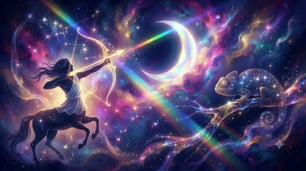 射手座と満ち欠ける金星、カメレオンを神秘的に描いたアイキャッチ画像