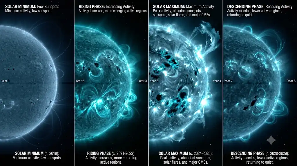 太陽の極小期、上昇期、極大期、下降期の4つの位相を並べた科学的な宇宙画像