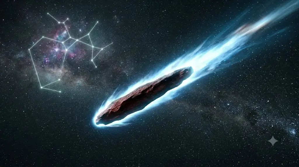 射手座の星座線が背景に浮かぶ宇宙を超高速で通過する恒星間天体の画像