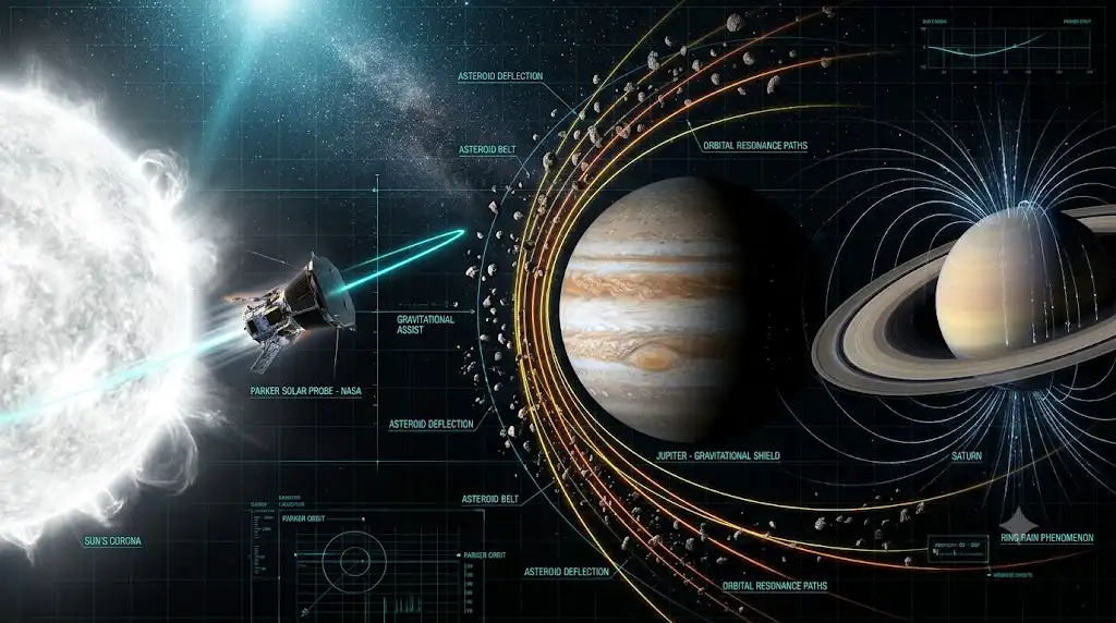木星の重力や探査機軌道などNASAの複数データを統合したインフォグラフィック
