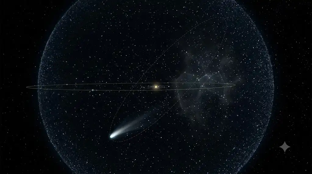 太陽系外縁に広がるオールトの雲とランダムな彗星軌道の宇宙画像