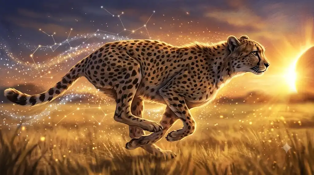 サバンナをトップスピードで駆け抜けるチーターと光の粒子を描いたイラスト