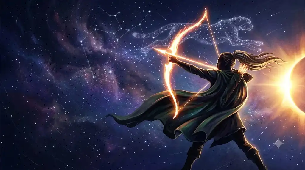 射手座の弓引くシルエットと太陽の光を描いた幻想的なアイキャッチ画像