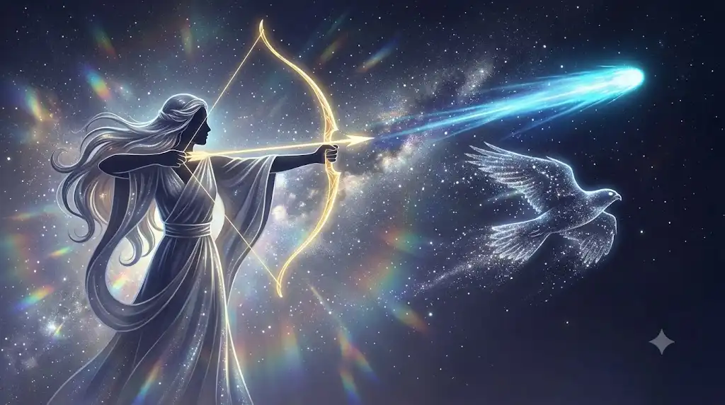 射手座の矢と恒星間天体、ハヤブサが描かれた幻想的なアイキャッチ画像