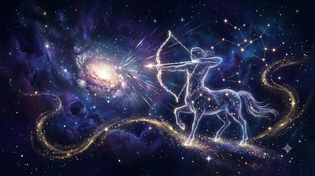 射手座の星座と4つの太陽活動周期を幻想的に描いたアイキャッチ画像