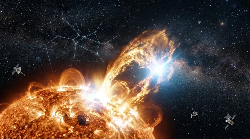 太陽極大期に発生する強力な太陽フレアと射手座の線描を重ねた宇宙画像