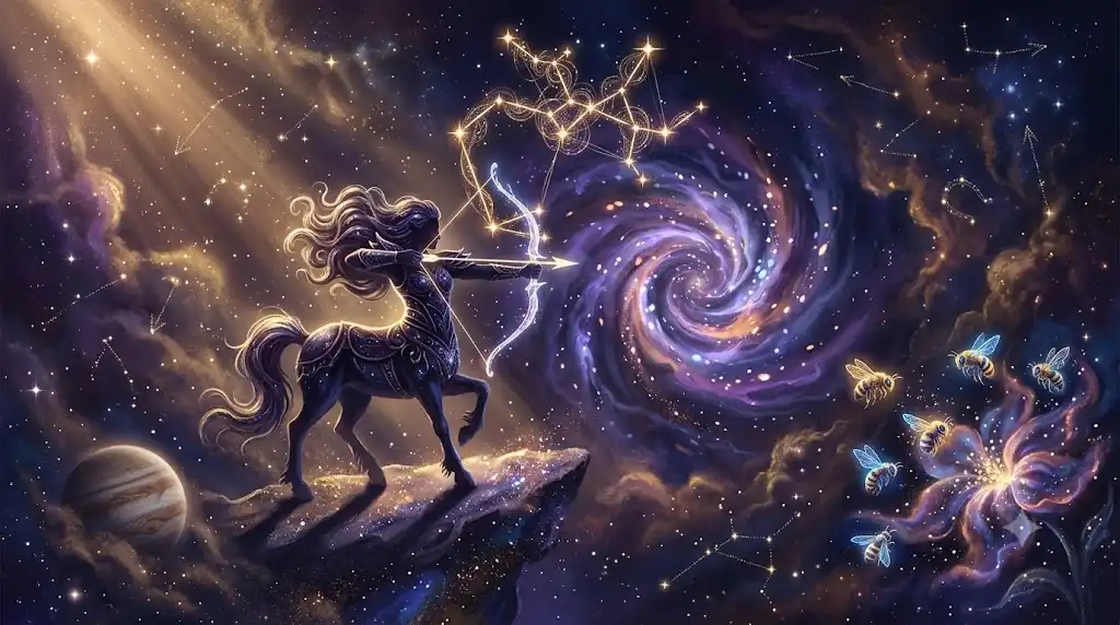 射手座、木星、ミツバチが共鳴する、宇宙の引力を描いたアイキャッチ画像