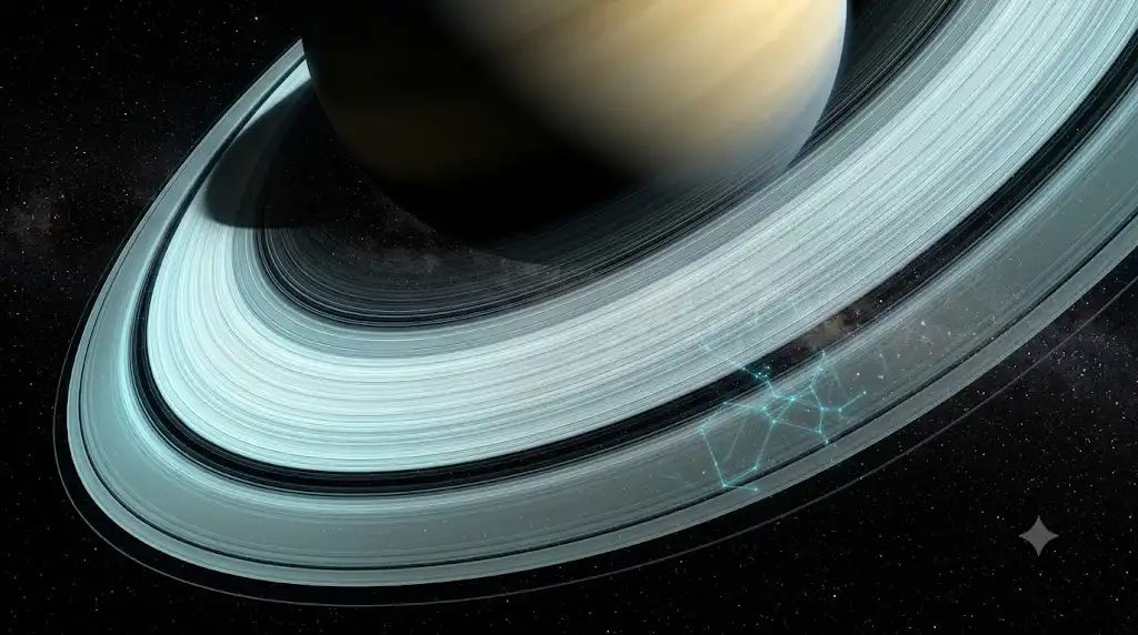 カッシーニの間隙と射手座の光跡が幻想的に浮かぶ土星の環の科学的宇宙画像