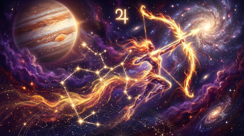 射手座の象徴である黄金の弓と木星が宇宙に輝くアイキャッチ画像
