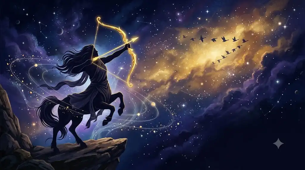 射手座の半人半馬のシルエットと木星の重力場を描いた神秘的なアイキャッチ画像