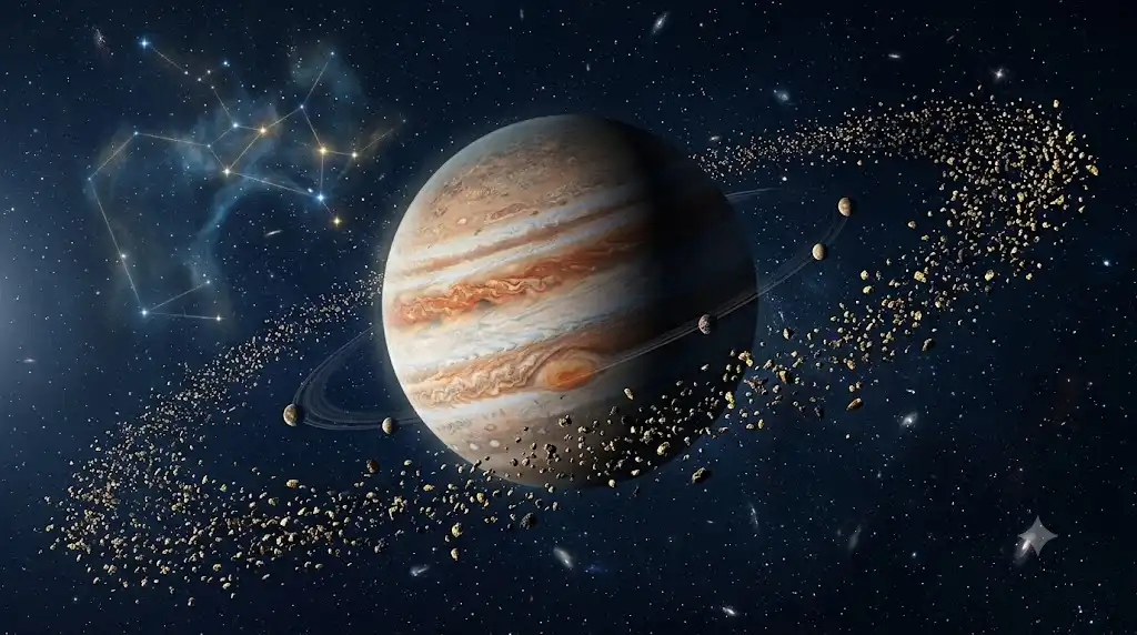 木星と軌道上のトロヤ群小惑星を描いた科学的な宇宙画像