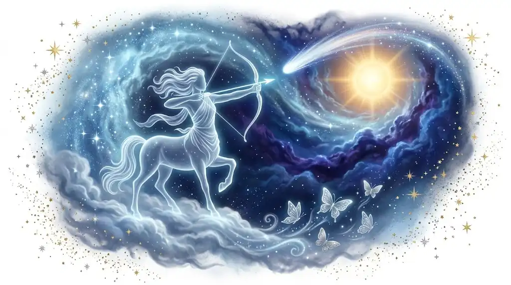 射手座、ケンタウルス、彗星、チョウを描いた幻想的なアイキャッチ