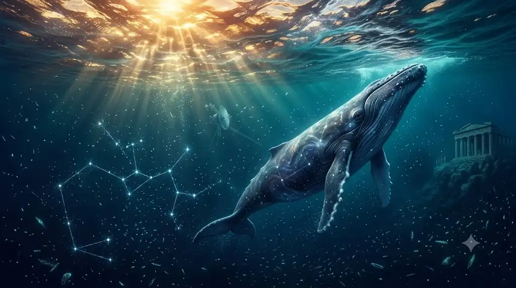 深い海から単独の回遊軌道へと向かうザトウクジラの幻想的な水中イラスト