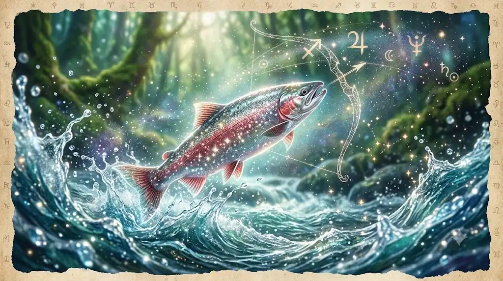 清流を遡上するサケと神秘的な光の軌跡を描いたイラスト