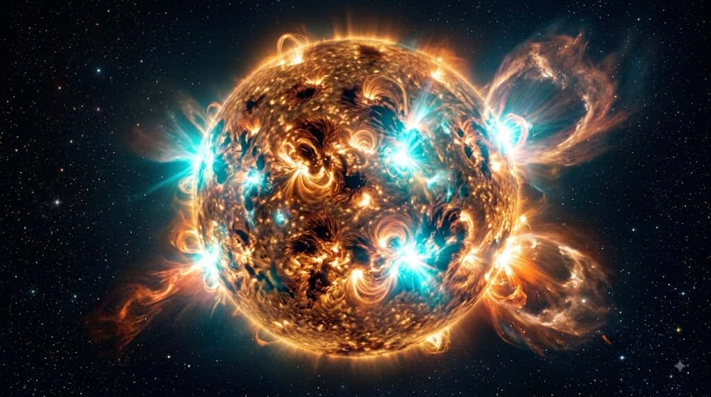 数多くの黒点と大規模なフレアが発生している太陽活動極大期の科学的ビジュアライゼーション
