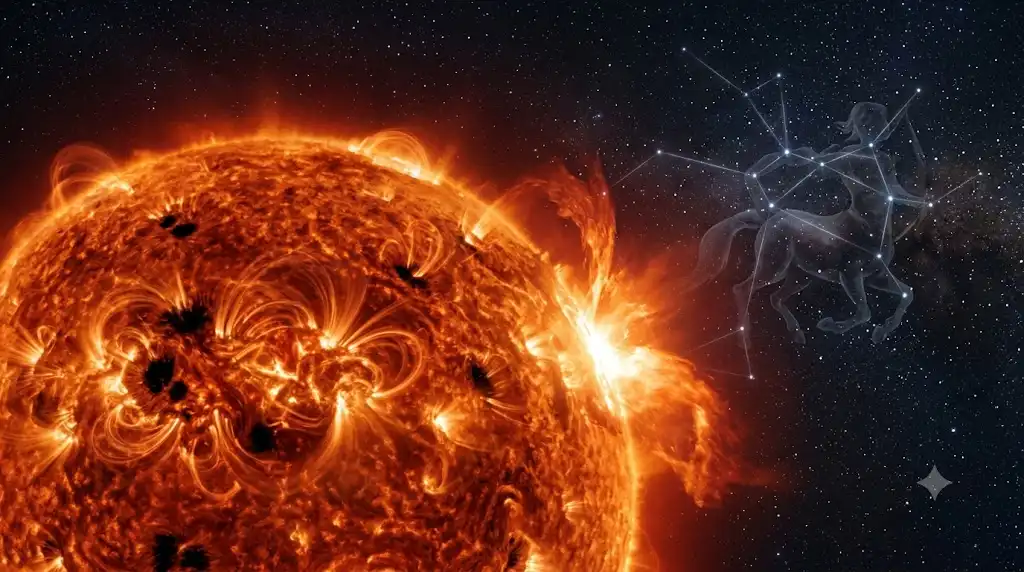 黒点が増加し活動が活発化する太陽と射手座の幻想的な宇宙画像