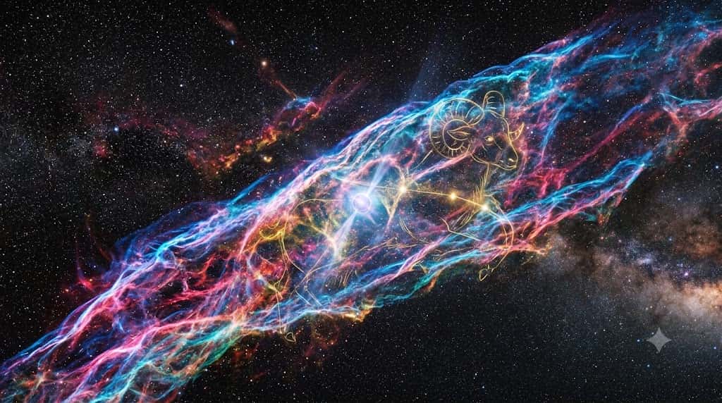 かに星雲の超新星残骸に牡羊座の星座線が融合した幻想的な宇宙写真