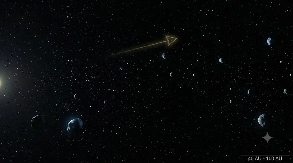 太陽系最外縁部で静かに孤立する外縁天体群と射手座の矢を科学的に描いた画像