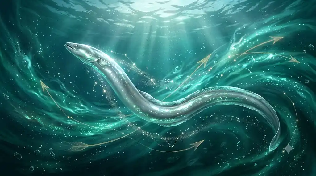 星の光を纏い豊かな水中を自由に回遊するウナギの神秘的なイラスト