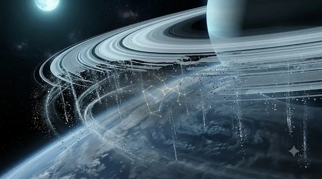 土星の環から降り注ぐリング・レインと射手座の光を描いた宇宙画像